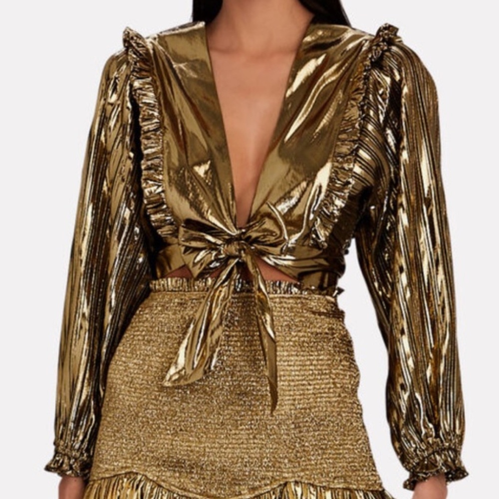 LOVESHACKFANCY ‘MISSY’ PLEATED GOLD LAMÉ CROP TOP New with tags
